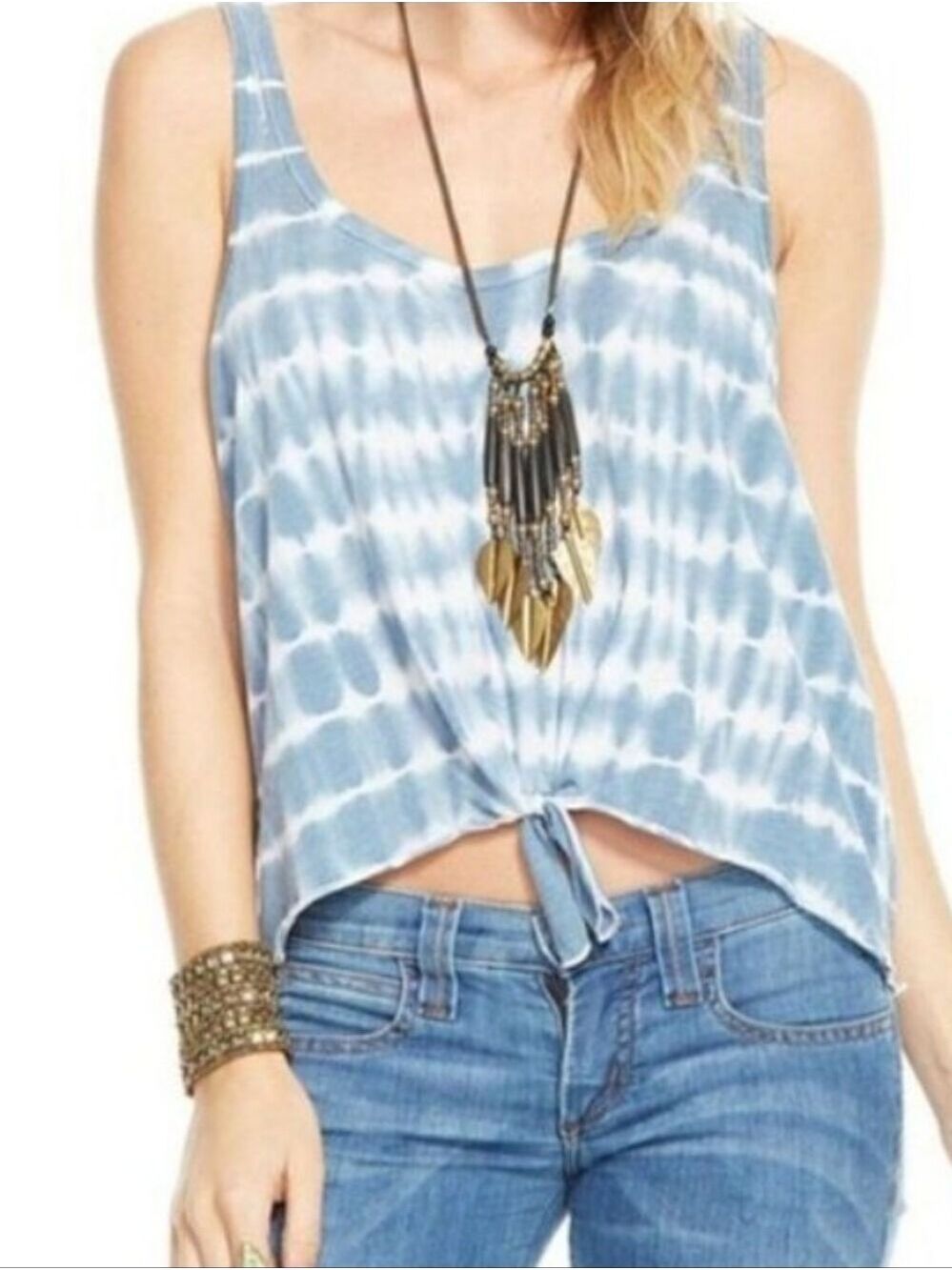 Chaser Cha Sor Blue White Tie Dye Knot Tie Front Scoop Neck Tank Top Size Medium